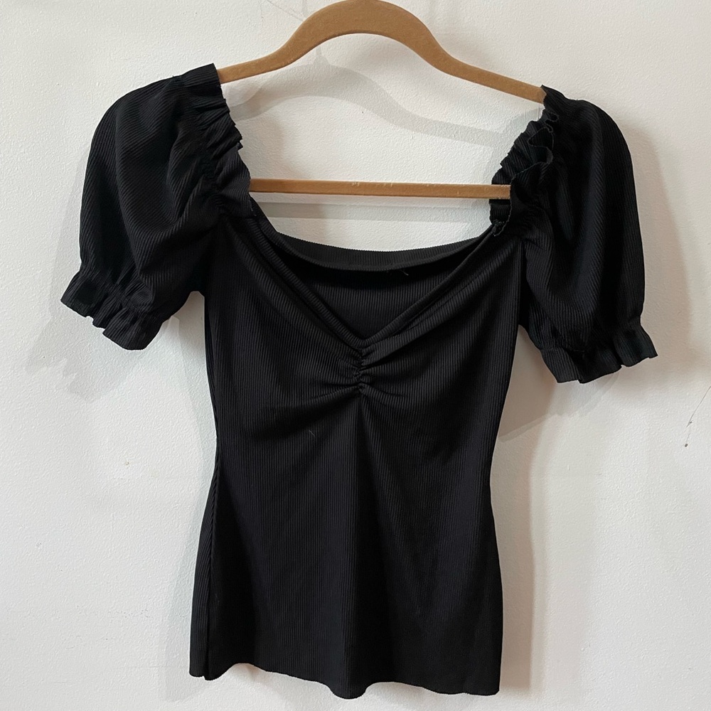 Nasty Gal Black Puff Sleeve Ruched Blouse